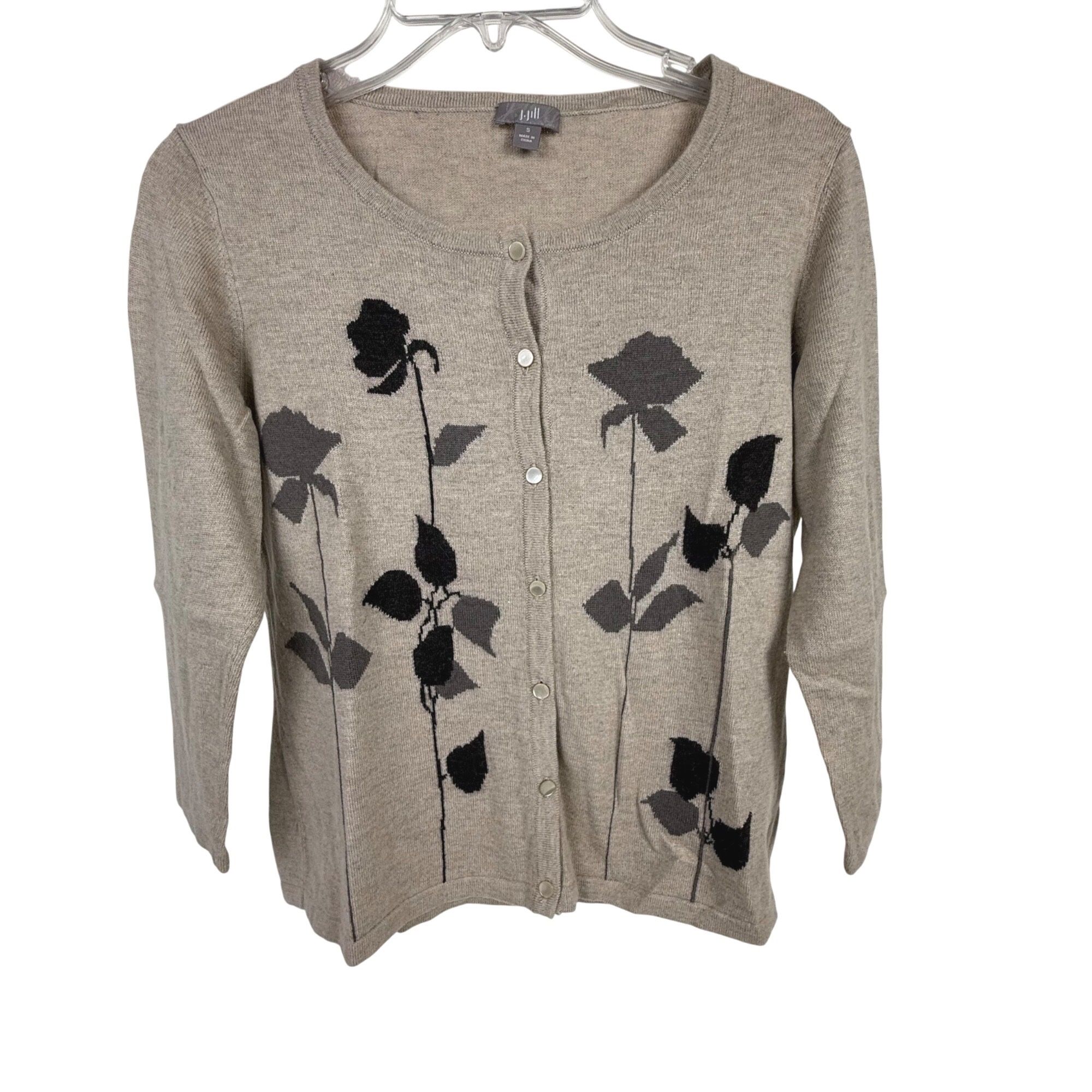 J Jill Cardigan Button-Front Crew-Neck 3/4-Sleeve Leaf Print Fall Sweater S
