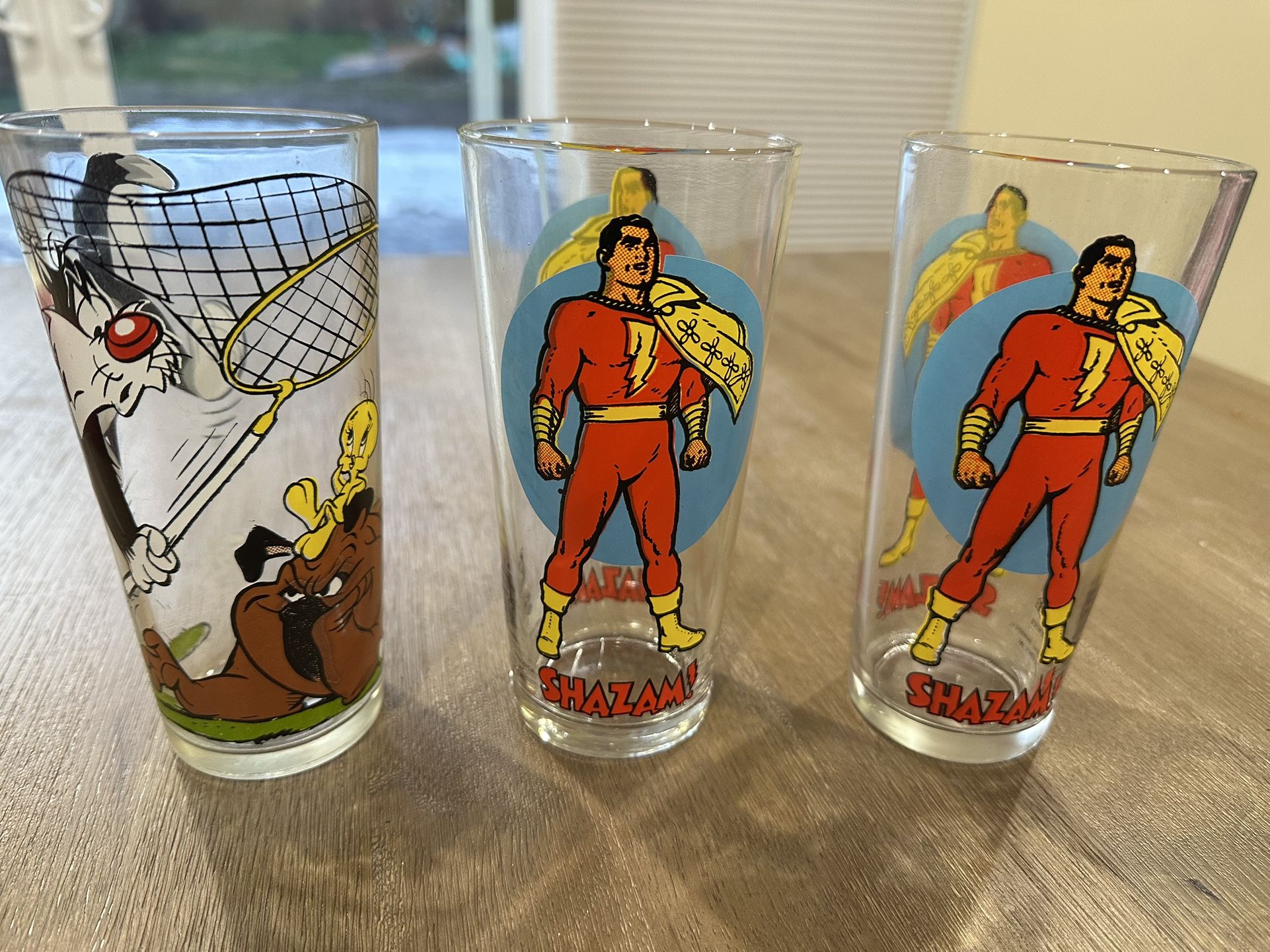 3 1976 Vintage Glass Cups- Shazam & Tweety Bird