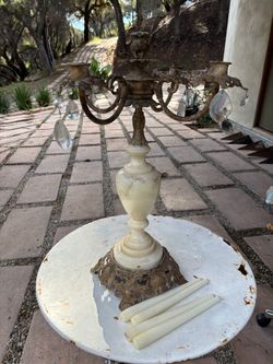 Candelabra - Vintage 15” Five-Arm Alabaster & Gilt Metal Candelabra with Crystal Prisms – French Rococo Style