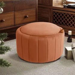 Modern Orange Velvet Round Accent Storage Ottoman