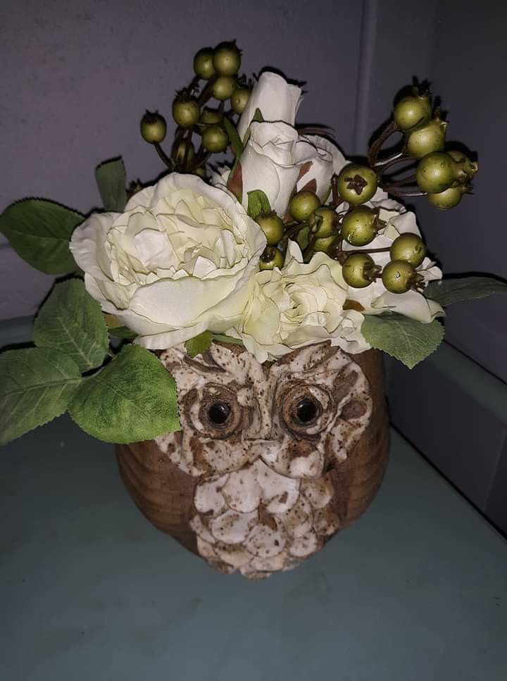 Very cute owl pot with artificial flowers