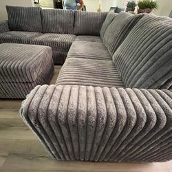 Grey Sectional Sofa With Ottoman - Soft Fur-like Corduroy Fabric