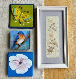 Set of 4 Small Original Art Pieces Sculpted Butterfly Framed Dried flowers Painted on wood of redbreast bird Painted on canvas white hibiscus