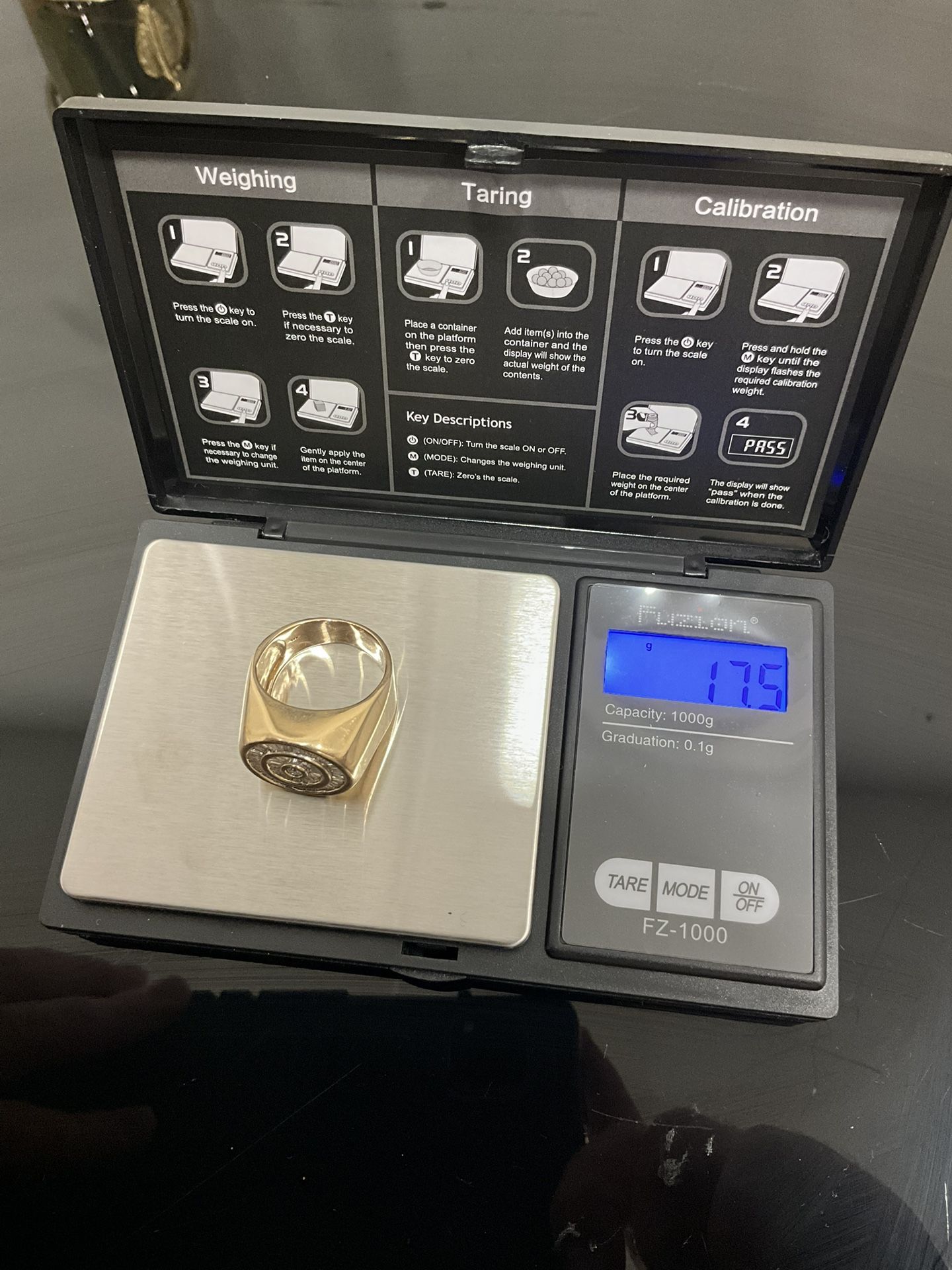 Solid Gold Ring 17.5g Of 14k With Baguette Diamonds Round Setting