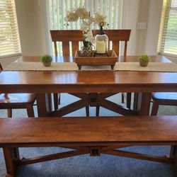 Farmhouse Style Dining Table With Chairs & Bench 
