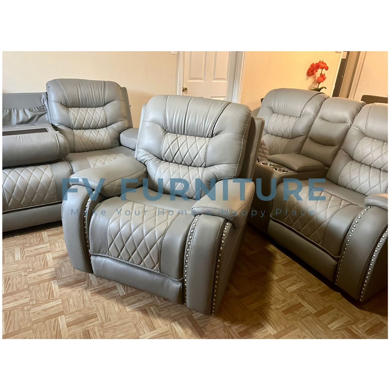 SALA GRIS CLARA DE PIEL RECLINABLE! INSTALACIÓN Y ENTREGA EL MISMO DÍA! 3 PAGOS MENSUALES