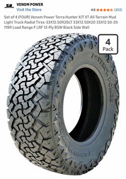 of 4 (FOUR) Venom Power Terra Hunter X/T XT All-Terrain Mud Light Truck Radial Tires-33X12.50R20LT 33X12.50X20 33X12.50-20 119R Load Range F LRF 12-Pl