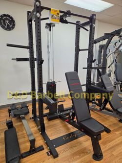 Commercial Half Rack w/ storage, Lat Pulldown Low Row, 200lb Stack, Dip Station & FID Weight Bench