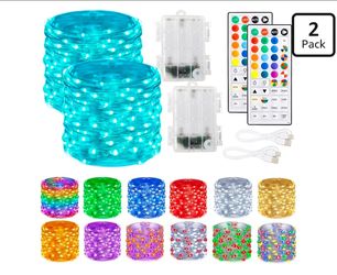 Dazzle Bright Color Changing Fairy Lights Battery Operated, 2 Pack Total 40FT 120LED Silver Copper Wire RGB String Lights with Remote, Waterproof Hall