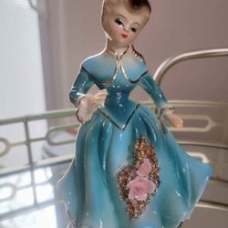 Pretty Vintage Nippon Yoko Boeki Woman in Teal Dress Large Pink Roses girl