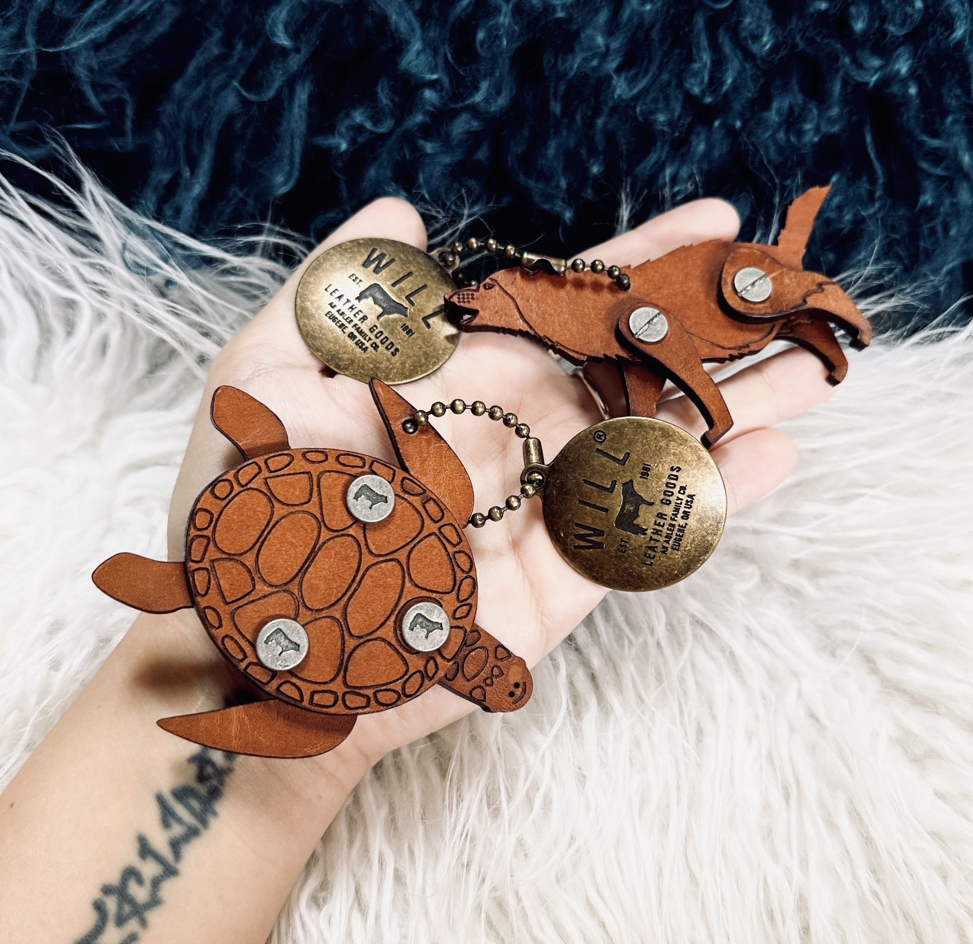 Set of 2 Will Leather Goods Jointed Movable Fidget Keychain UNISEX Bag Charms ULTRA LIMITED Turtle Wolf 