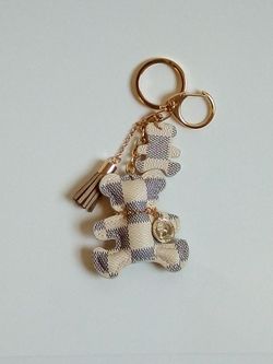 Faux Leather Damier Bear Keychain Charm White/Gold