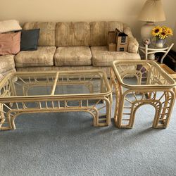 Glass Top Rattan Coffee Table And End Table