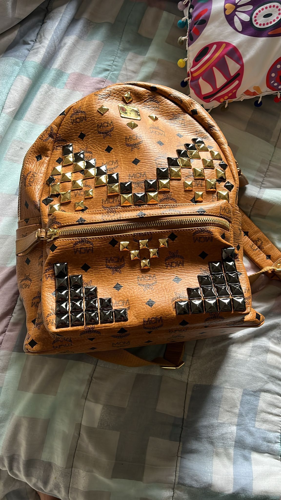 MCM Backpack in Visetos with Studs, Cognac