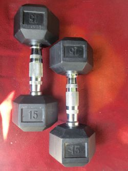 SET OF  15s. RUBBER COATED HEXHEAD DUMBBELLS  TOTAL 30LBs
11525 S HALSTED DUNKIN DONUTS/7111.S WESTERN WALGREENS 
30$  CASH ONLY AS IS
