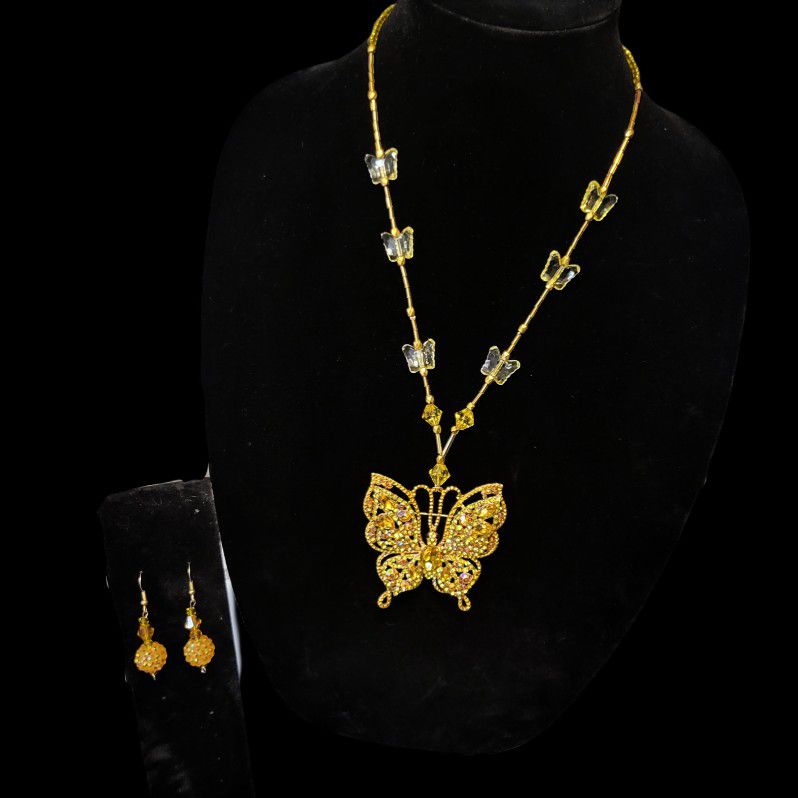 Stunning Handmade Betsey Johnson Butterfly Necklace + Earring 2pc Set 