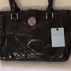 New! ANTONIO MELANI Croco Embossed Gracie Black Patent Leather Bag