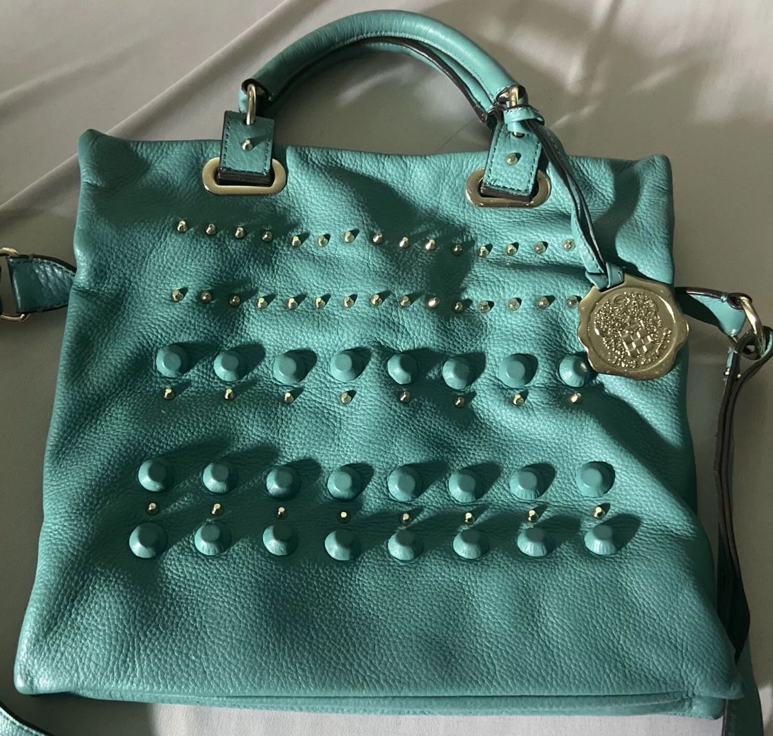 VINCE CAMUTO Pebbled Leather Studded Hobo Shoulder Bag, Purse, turquoise