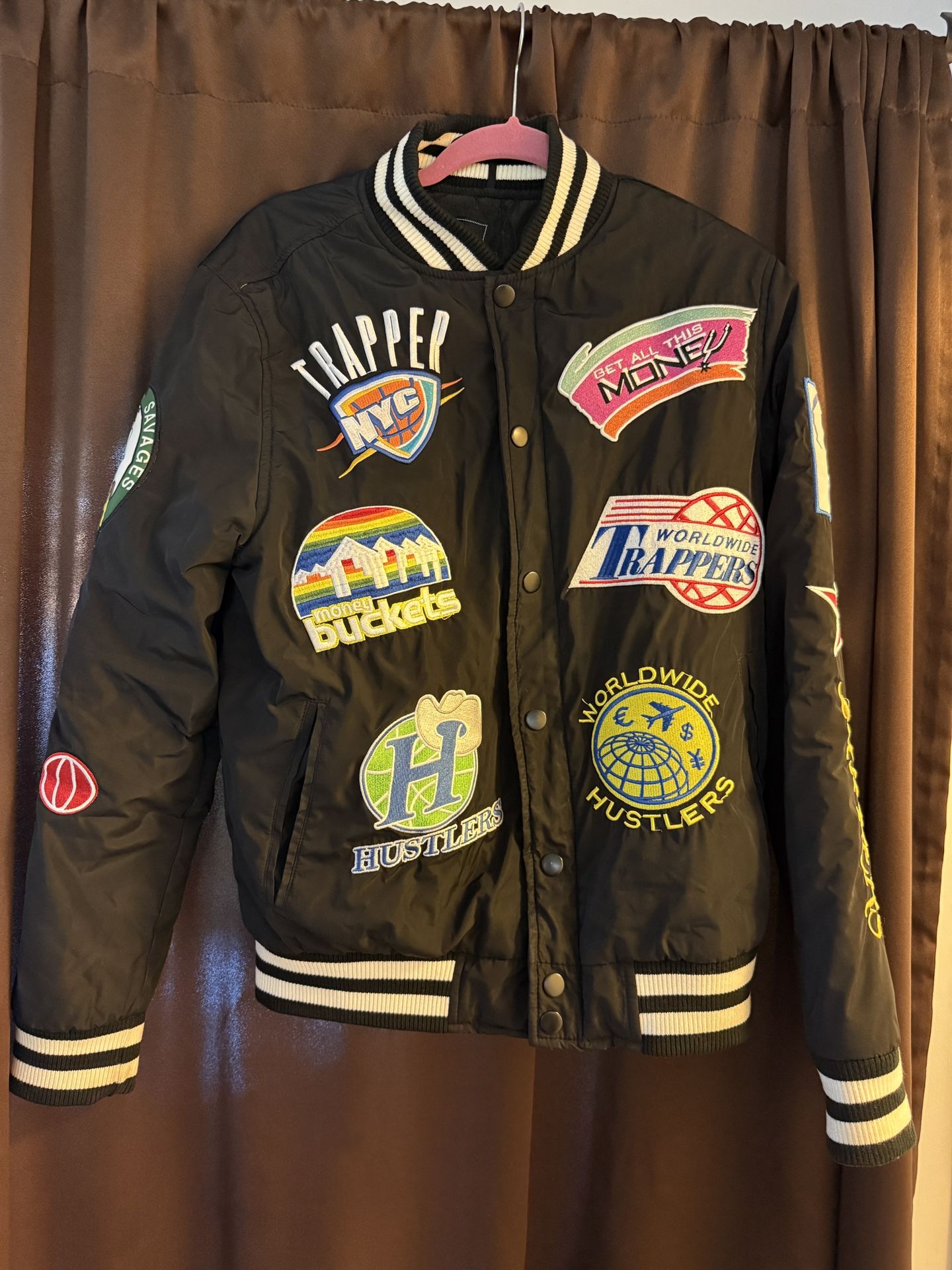 HUDSON OUTERWEAR BALLERS EMBELLISHED VARSITY BOMBER JACKET SZ M