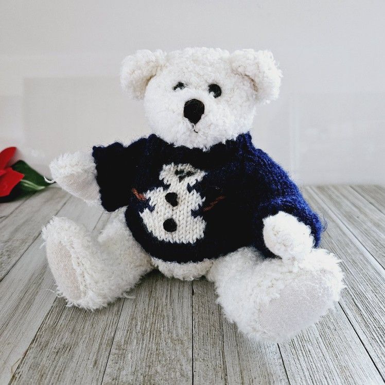 Vintage 8.5" White Bear Plushie 1998 Berkeley Designs Wearing a Blue Knit Snowman Sweater Stuffed Animal. Pre-owned in excellent condition. No rips, s