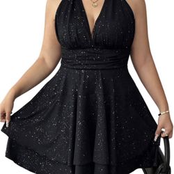 XL Black Sparkly Halter Mini Dress