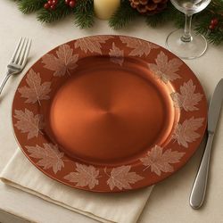 KK – Decorative Copper Charger Plate with Engraved Maple Leaf Pattern, Metallic Bronze, Autumn Holiday Table Décor (Set of 12)