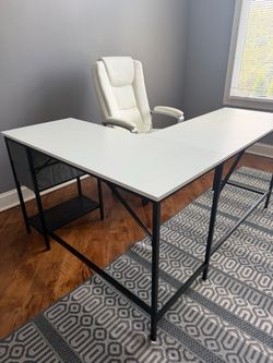 L-Shaped Desk with Metal Frame and Shelves