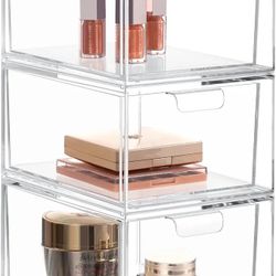 HBlife Pack of 3 Stackable Makeup Organizer Drawers Clear Plastic Bathroom Organizers Cosmetic Container Organization and Storage Bins for Vanity

