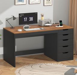 47 Inch Computer Desk with 5 Drawers and Power Outlets for Small Spaces
