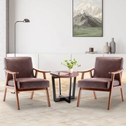 Set of 2 - Brown PU Leather Wood Armchair Accent Chairs [NEW] ** Retails for $350 / Assembly Req - [CHAIRS ONLY / TABLE NOT INCLUDED]
