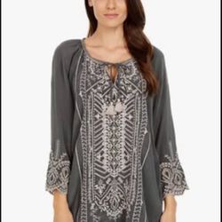 Johnny Was Luana Peasant Embroidered Silk Tassel-Tie Tunic Size Medium