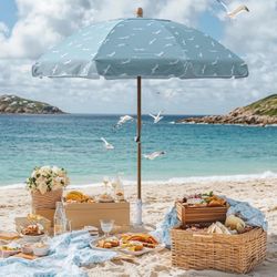 LAGarden 6ft Outdoor Patio Wood Market Umbrella Scalloped Edge 8-Rib Printed Seagull
