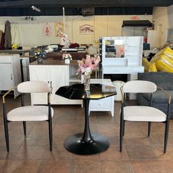 🔥Set of 3🔥Modern black octagonal coffee table with a metal base, a black patterned marble tabletop, and modern charm beige cushions, black metal leg