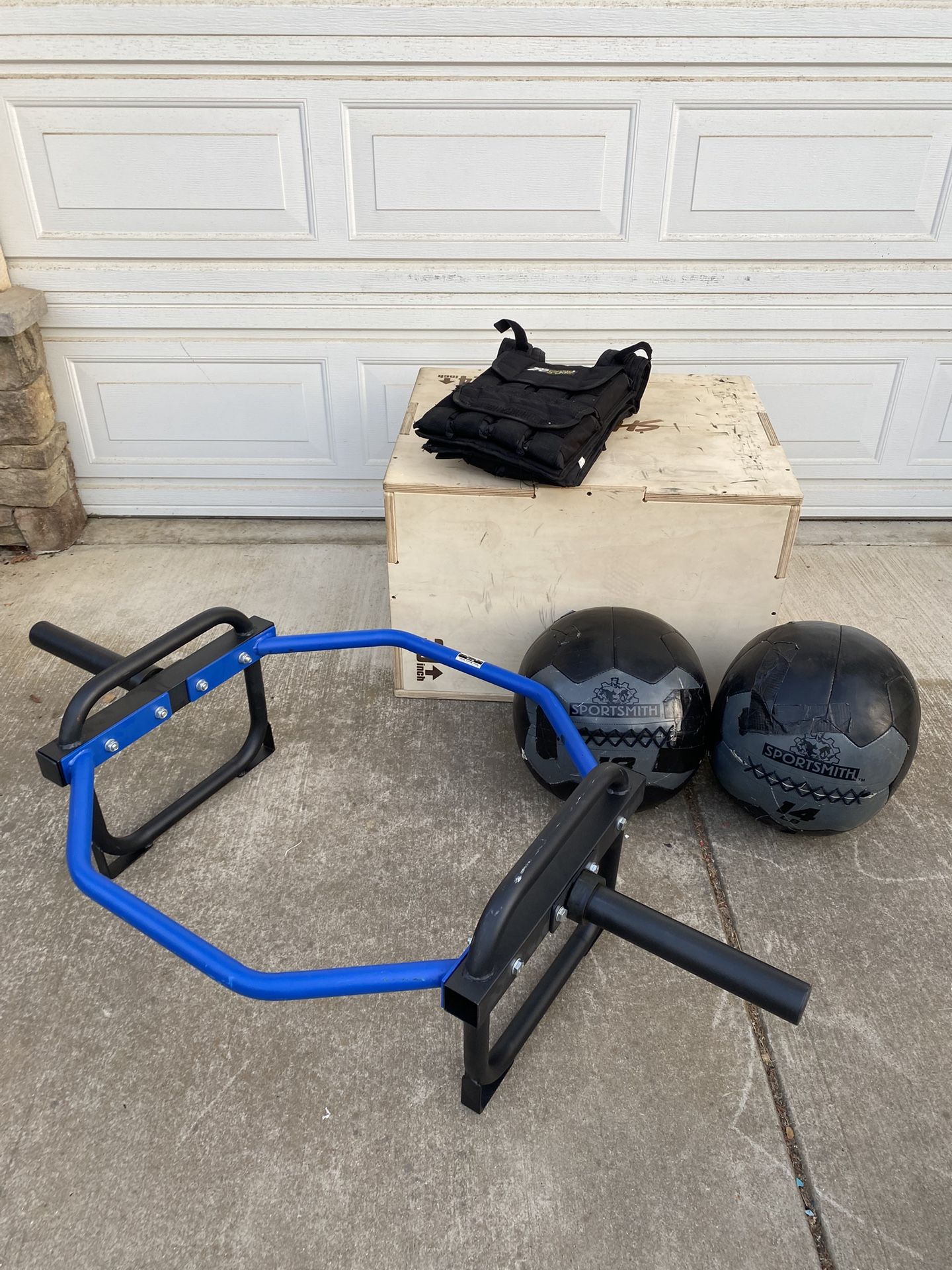 Deadlift Bar, Jump Box, Work Out Balls, And Weighted Vest