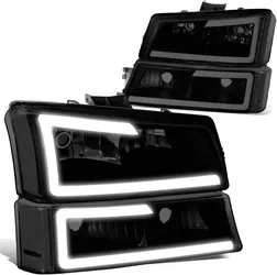 LED DRL Smoked Lens Headlights w/ Signal Bumper Lamps For 2003-2006 Chevy Silverado