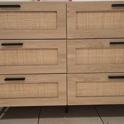 New 6 Drawer Dresser for Bedroom Wooden, Natural Rattan Double Dresser Chest of Drawers, Wide Wood Dressers for Nursery, Bedroom, Hallway, Living Room
