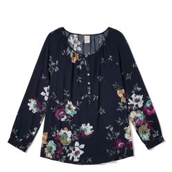 Faded Glory Navy Multicolor Floral Rayon Blouse Long Sleeve Scoop Neck S (4-6)