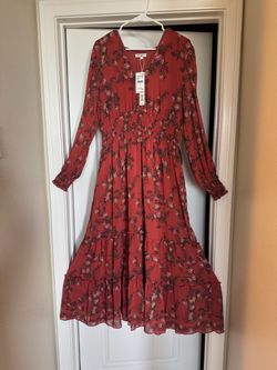 Red Floral Long Sleeve Midi Dress