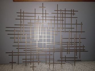 Large Mid Century Modern Abstract Gold Metal Wall Art For Hanging