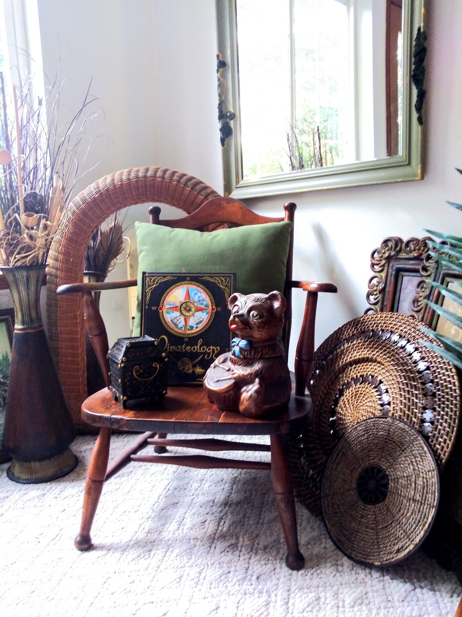 Decor $5&up, RARE Ribbon Mahogany Cocktail Table $129 Sheepskin $25 + Modernistic Perculator Coffee Pot Set $80, MCM Bentwood Bamboo Wicker Rattan &⬇