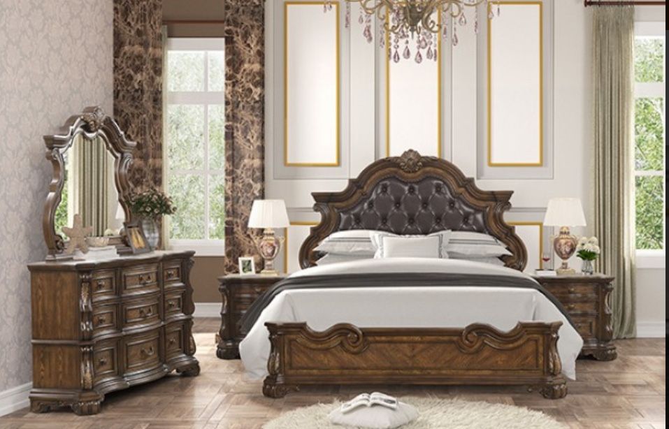 5pc Bedroom Furniture Set - Queen Bed Dresser Mirror 2 Nightstands