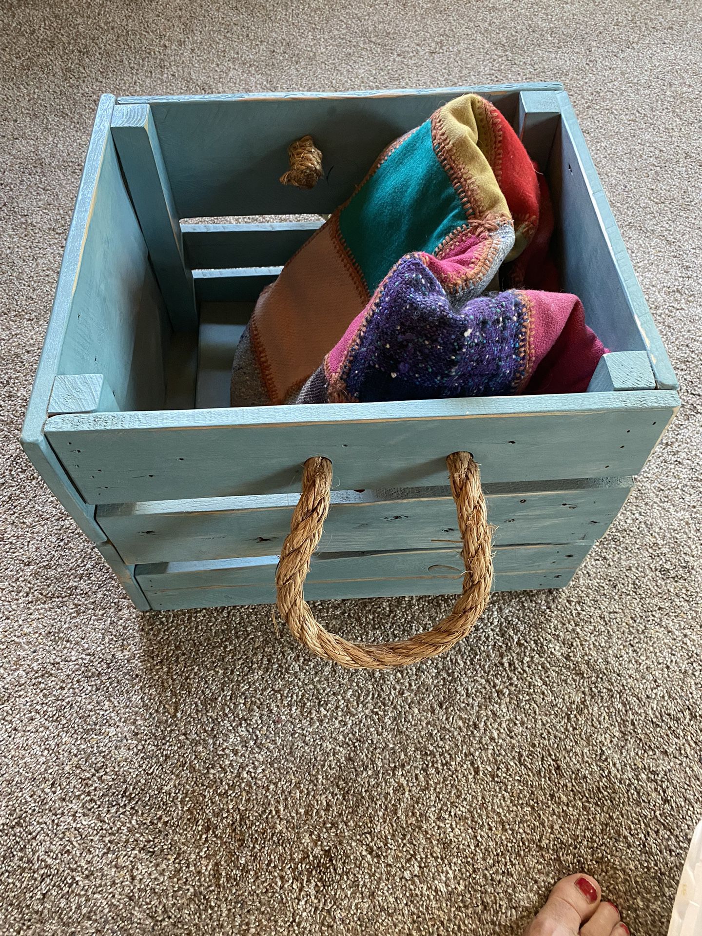 Handmade Wooden Box With Handles And Vintage Wool Blanket 