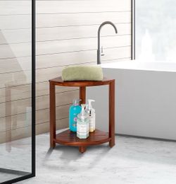 Acacia wood corner shelf or shower stool