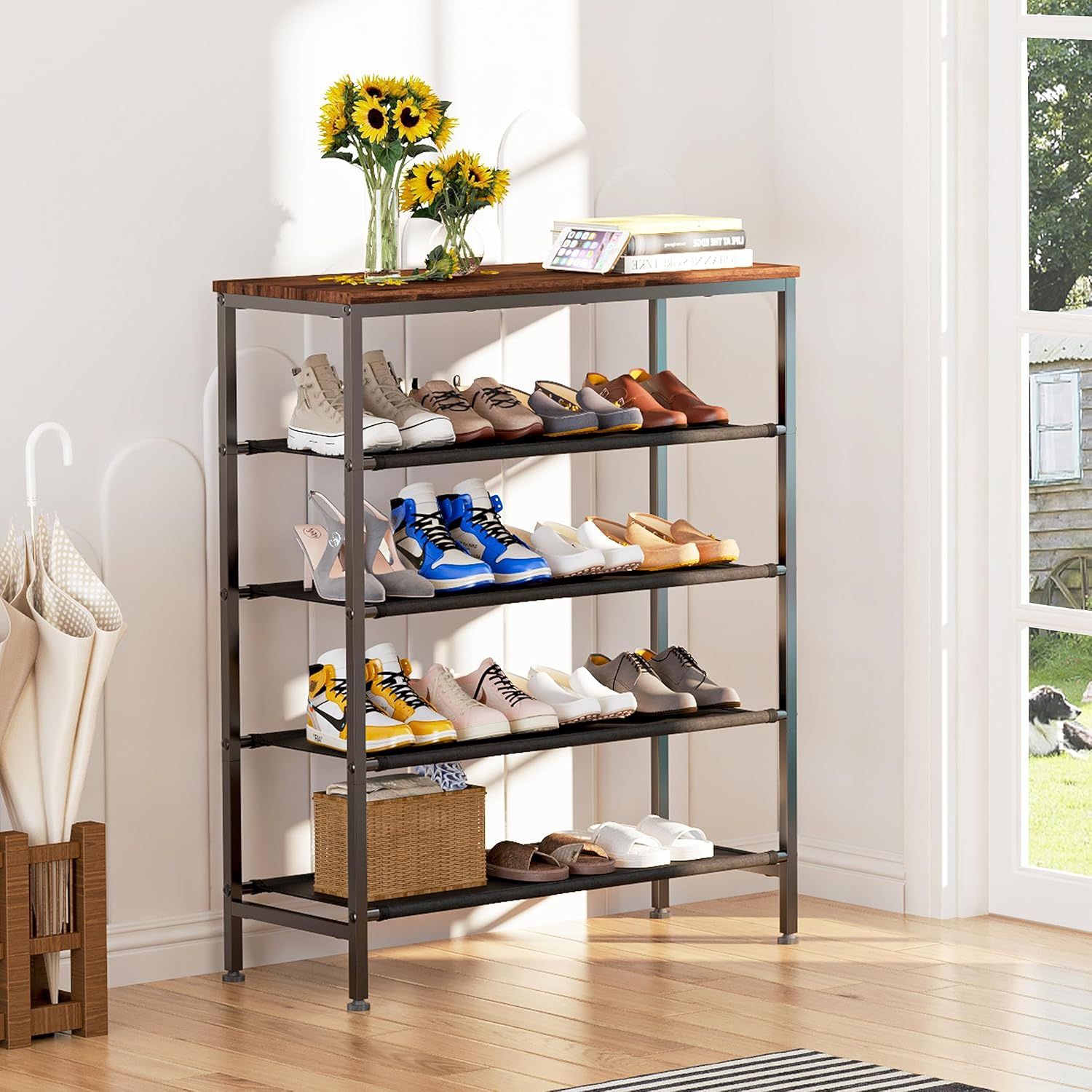 5 Tier Entrance Shoe Rack Sturdy Black Metal Frame Free Standing Shoe Rack Unique Versatile and Spacious Wooden Top Shoe Rack Garage Storage Rack