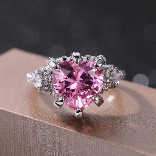 "Pink Heart CZ Anillos Shiny Diamonds Silver Plated Heart Ring for Women, L117
 