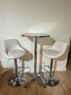 Round Chrome High-Top Table + 2 White Quilted Bar Stools