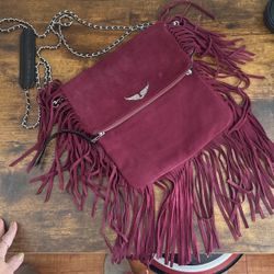 New Zadig & Voltaire Rockson Fringes Suede Crossbody Shoulder Bag, Handbag -Plum
