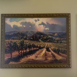 Large Original Hand-Painted Vineyard Landscape in Ornate Frame