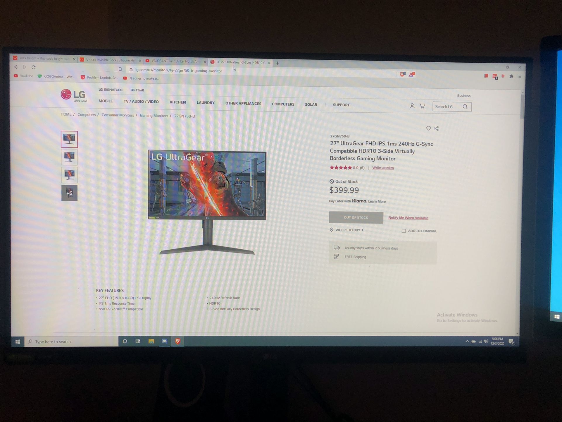 27” LG UltraGear FHD IPS 1ms 240Hz G-Sync Gaming Monitor