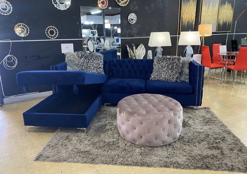 New Blue Velvet Sectional With Storage